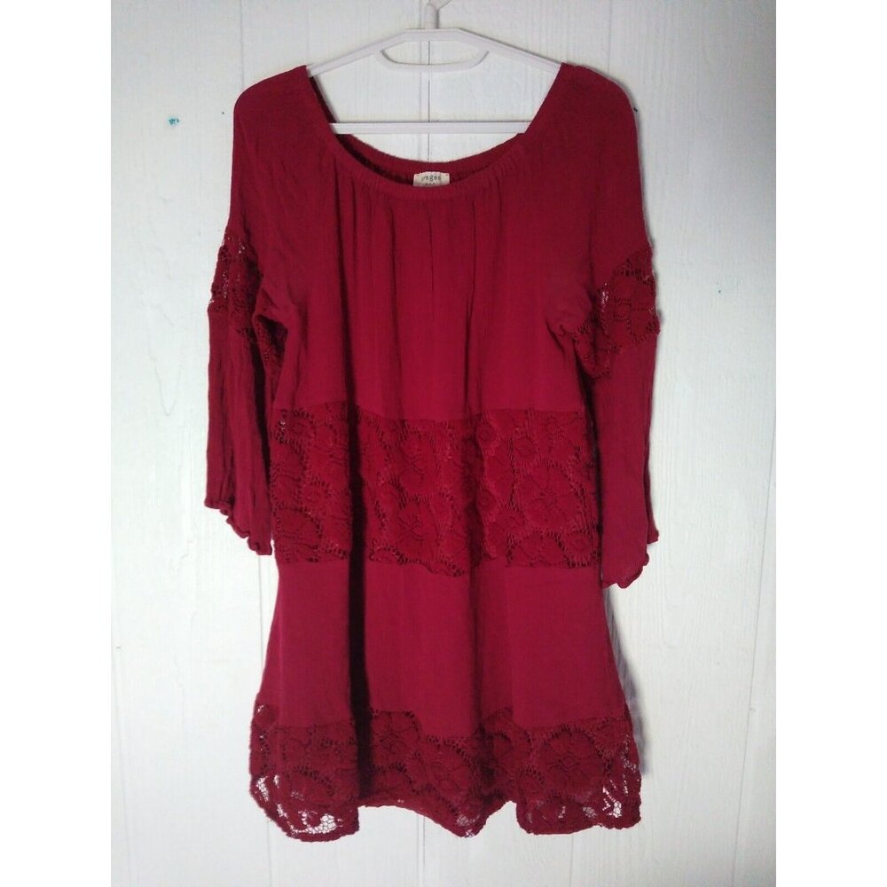 Umgee Boho Dress Women's L 3/4 Sleeve Red Tiered Lace Accent Round Elastic Neck